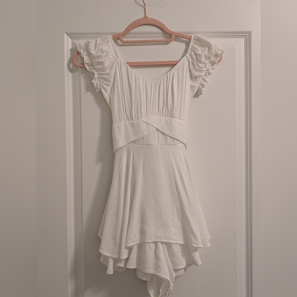 Altar'd State White Ruffled Romper W/Built In Shorts And With Bow XS